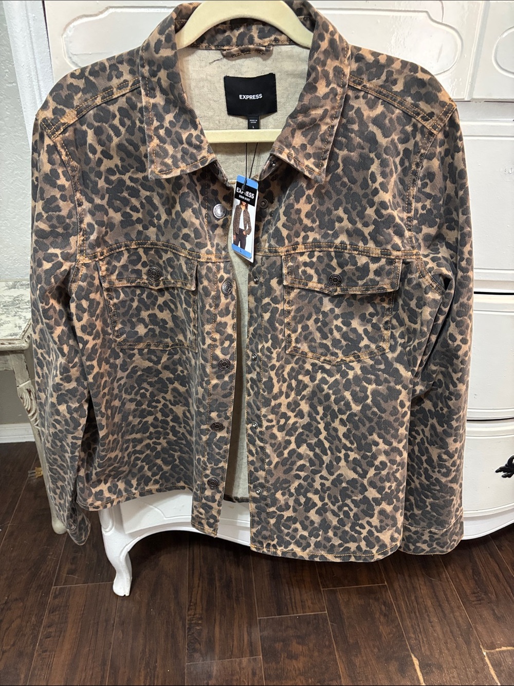 Express Leopard Print Jean Jacket in Brown and Black